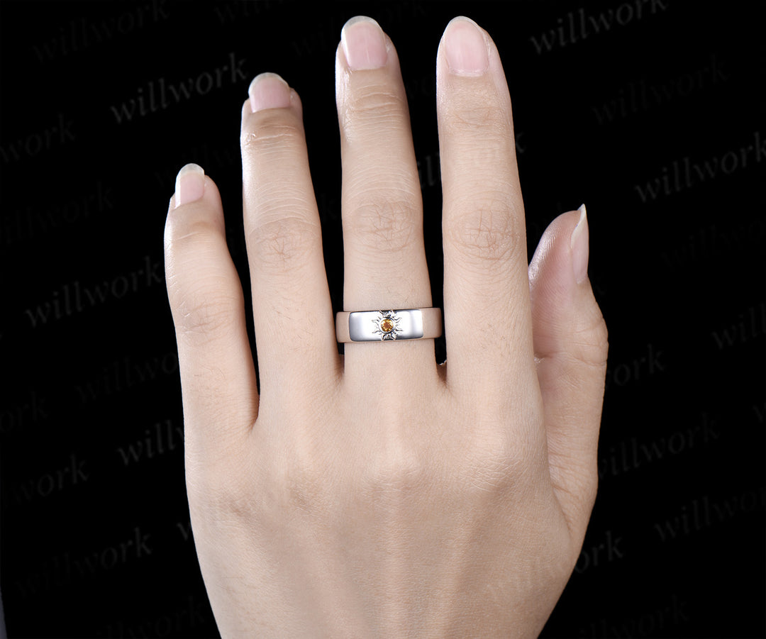 Unique sun round cut citrine men ring solitaire crystal bezel setting men engagement ring anniversary birthday gifts for him