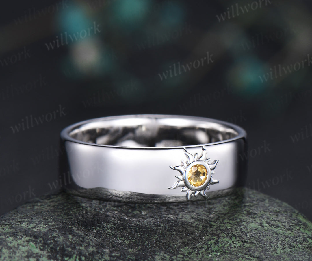 Unique sun round cut citrine men ring solitaire crystal bezel setting men engagement ring anniversary birthday gifts for him