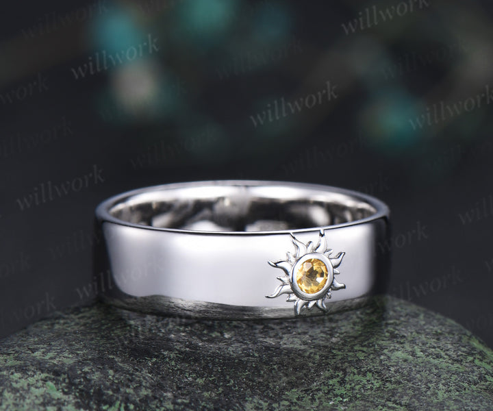 Unique sun round cut citrine men ring solitaire crystal bezel setting men engagement ring anniversary birthday gifts for him