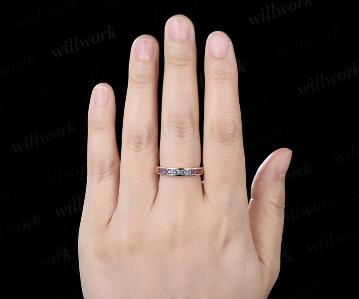 Princess Cut Alexandrite Wedding Band Channel Set Color Change Half Eternity Ring Stackable Band