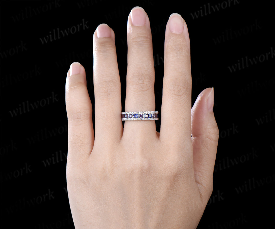 Princess Cut Alexandrite Sapphire Men's Ring Channel Set Eternity Band Moissanite Accent Wedding Ring