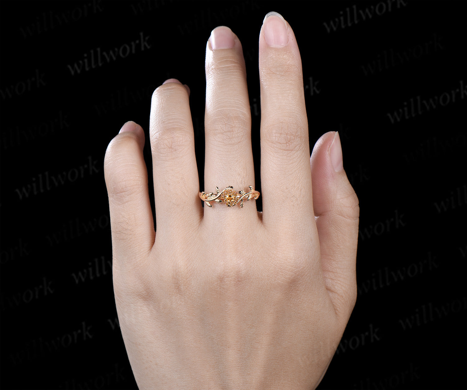 Dainty round citrine flower engagement ring twig leaf vine ring