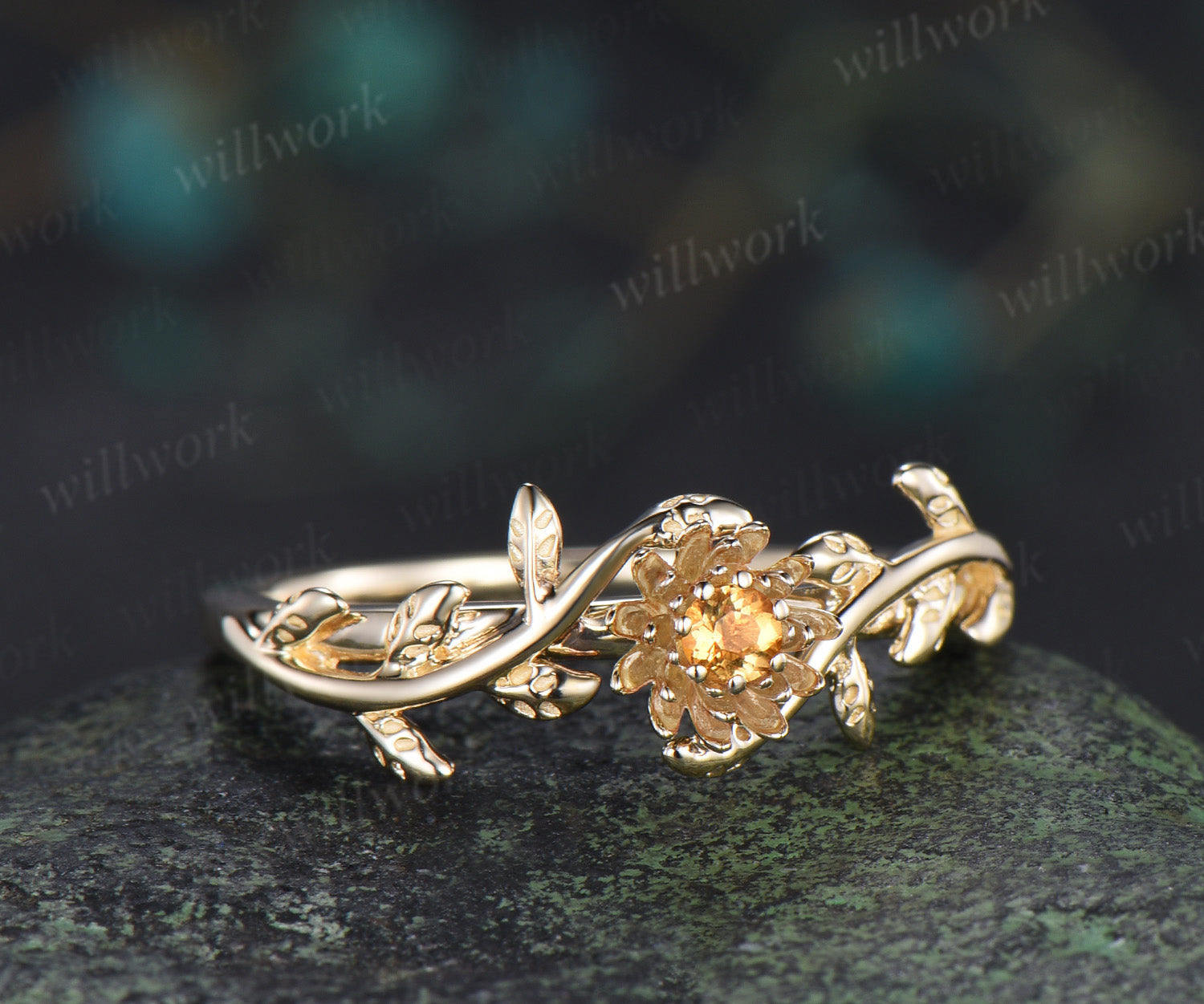 Dainty round citrine flower engagement ring twig leaf vine ring