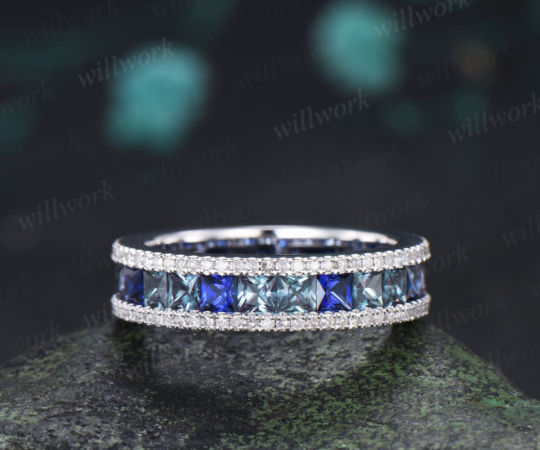 Princess Cut Alexandrite Sapphire Men's Ring Channel Set Eternity Band Moissanite Accent Wedding Ring