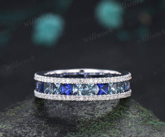 Princess Cut Alexandrite Sapphire Men's Ring Channel Set Eternity Band Moissanite Accent Wedding Ring
