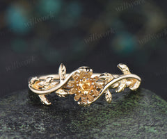 Dainty round citrine flower engagement ring twig leaf vine ring personalized jewelry for her