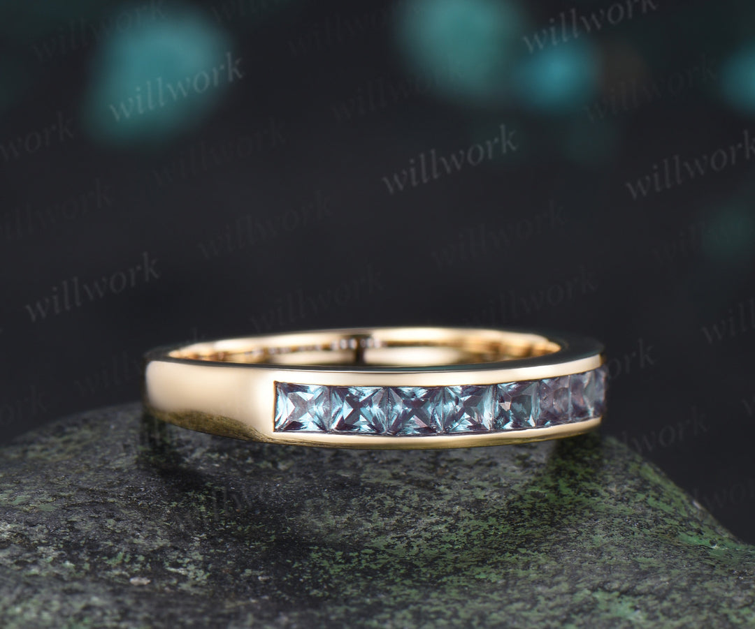 Princess Cut Alexandrite Wedding Band Channel Set Color Change Half Eternity Ring Stackable Band