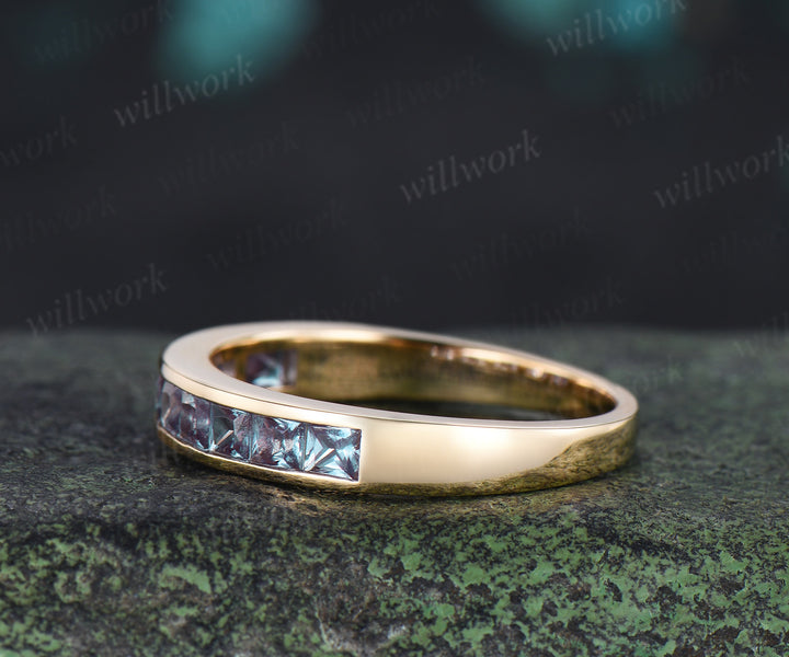 Princess Cut Alexandrite Wedding Band Channel Set Color Change Half Eternity Ring Stackable Band