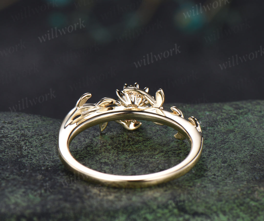 Dainty round citrine flower engagement ring twig leaf vine ring personalized jewelry for her