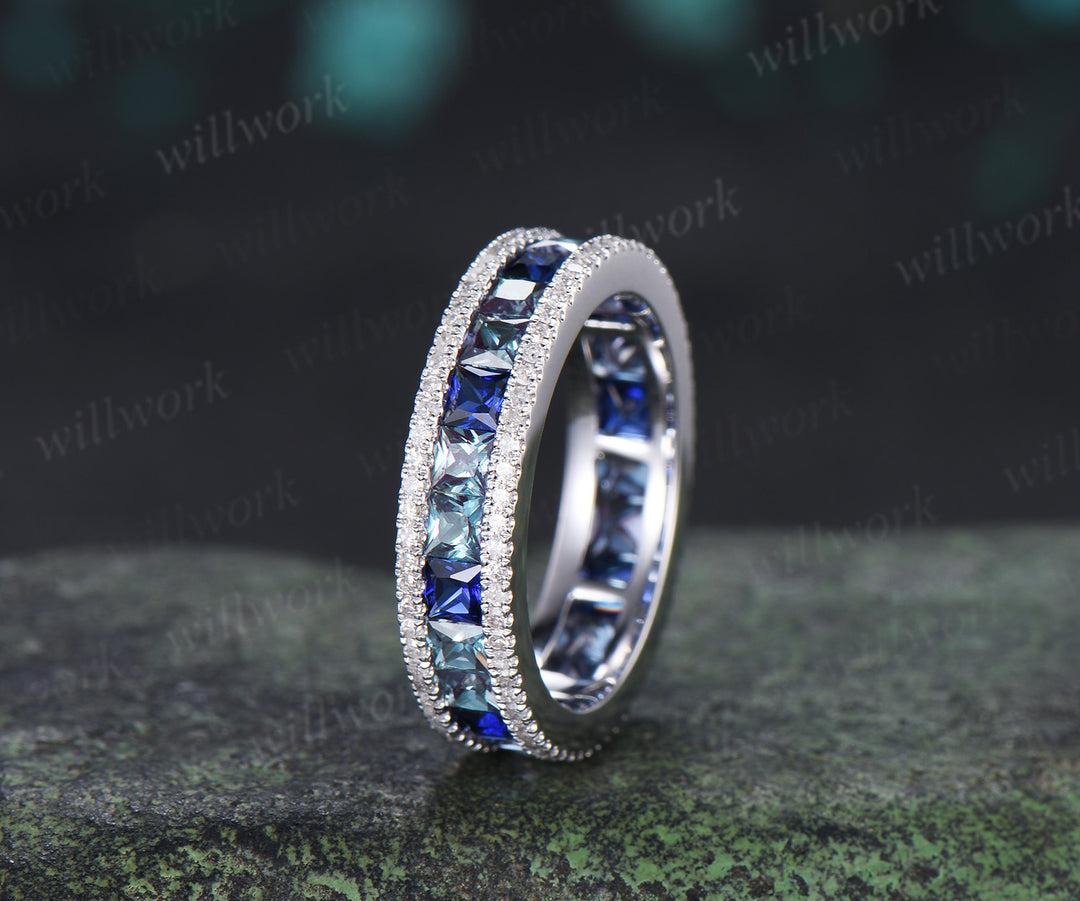Princess Cut Alexandrite Sapphire Men's Ring Channel Set Eternity Band Moissanite Accent Wedding Ring