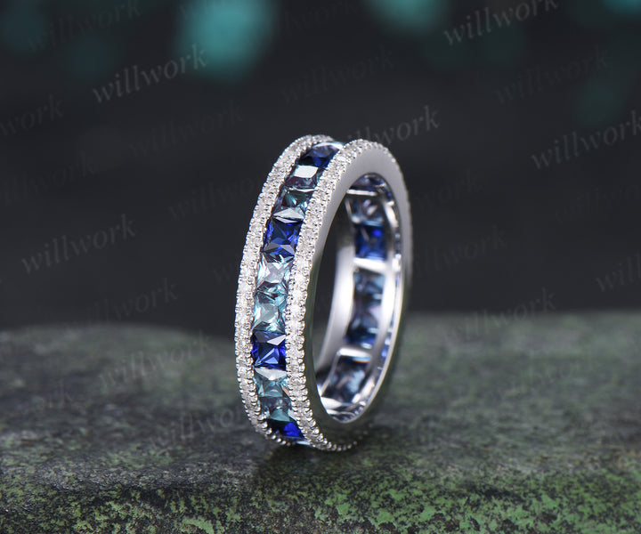 Princess Cut Alexandrite Sapphire Men's Ring Channel Set Eternity Band Moissanite Accent Wedding Ring