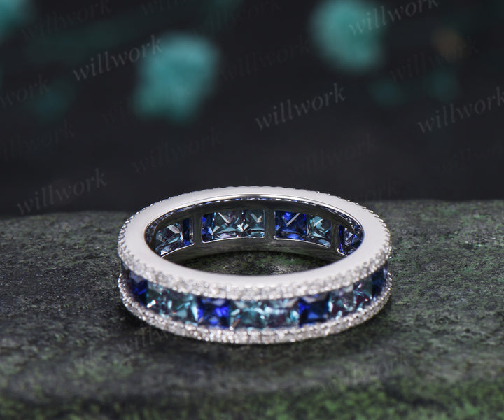 Princess Cut Alexandrite Sapphire Men's Ring Channel Set Eternity Band Moissanite Accent Wedding Ring