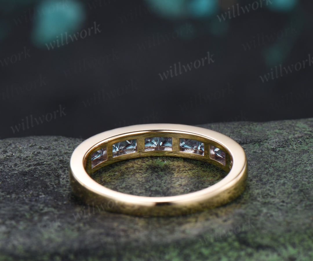 Princess Cut Alexandrite Wedding Band Channel Set Color Change Half Eternity Ring Stackable Band
