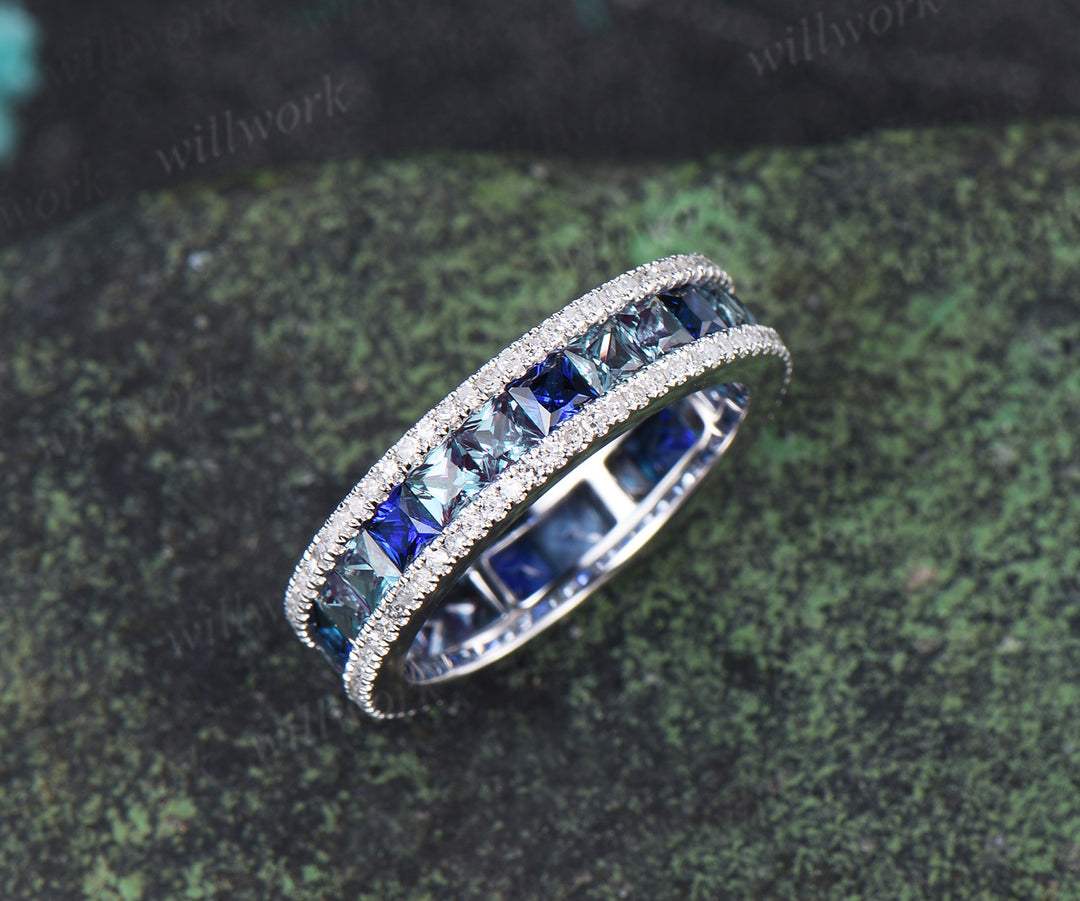 Princess Cut Alexandrite Sapphire Men's Ring Channel Set Eternity Band Moissanite Accent Wedding Ring