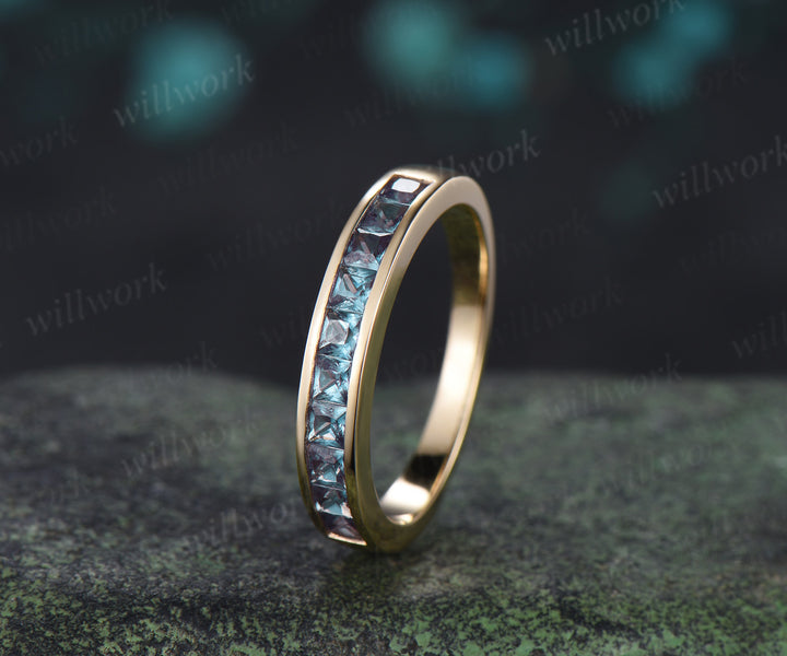 Princess Cut Alexandrite Wedding Band Channel Set Color Change Half Eternity Ring Stackable Band