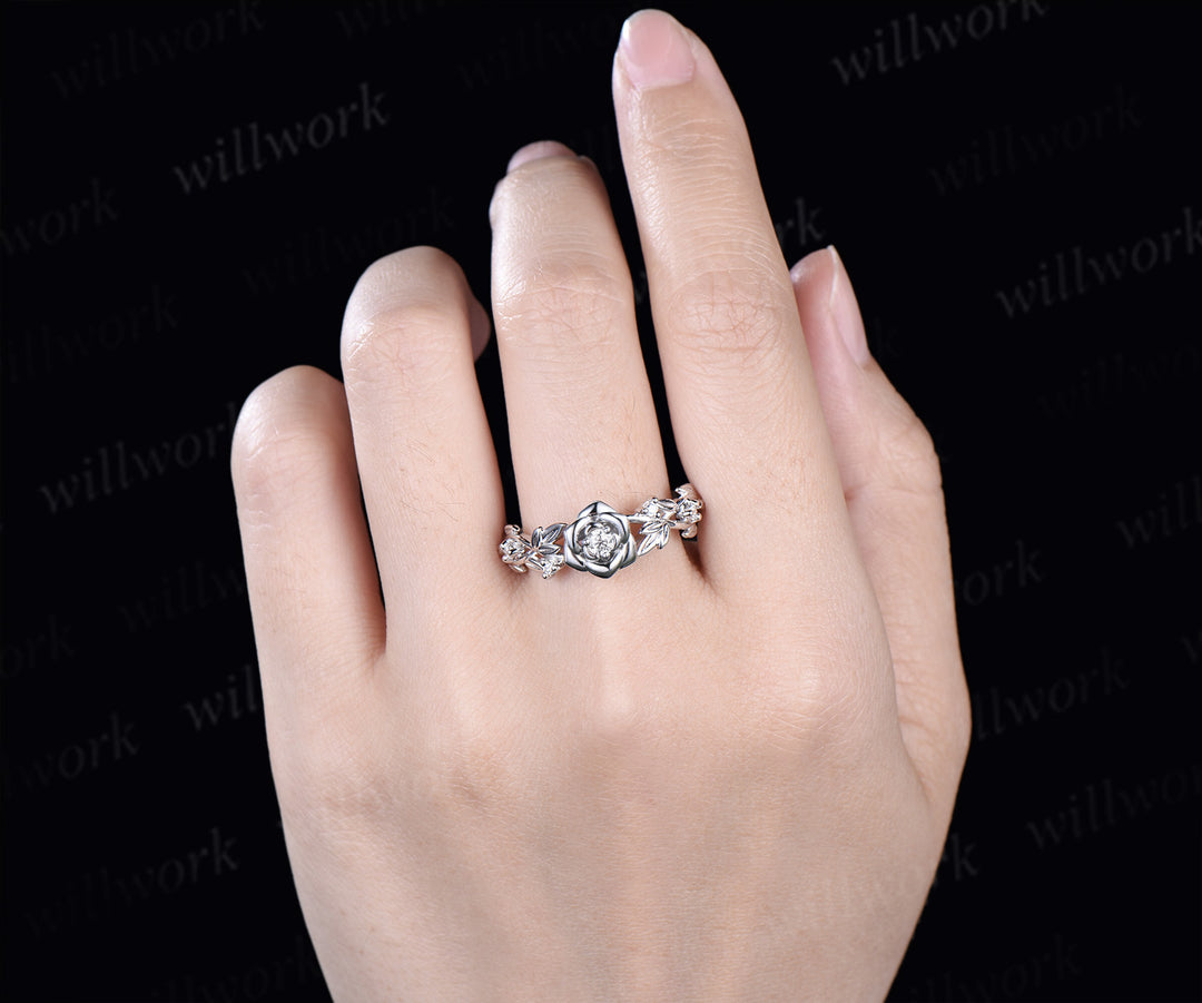 Dainty rose flower diamond ring twig vines nature inspired engagement ring minimalistsolid white gold five stone promise ring
