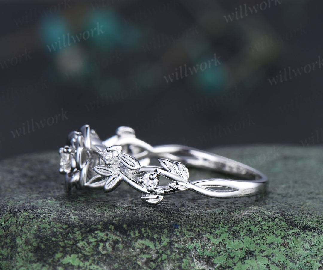 Dainty rose flower diamond ring twig vines nature inspired engagement ring minimalistsolid white gold five stone promise ring