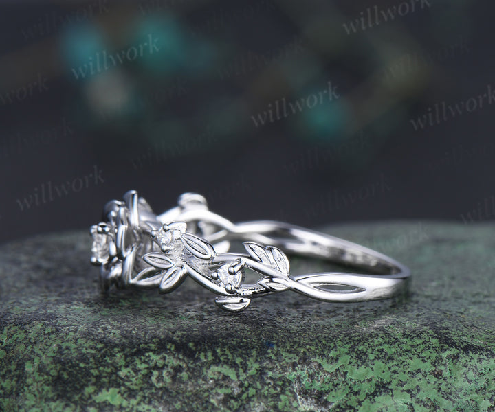 Dainty rose flower diamond ring twig vines nature inspired engagement ring minimalistsolid white gold five stone promise ring