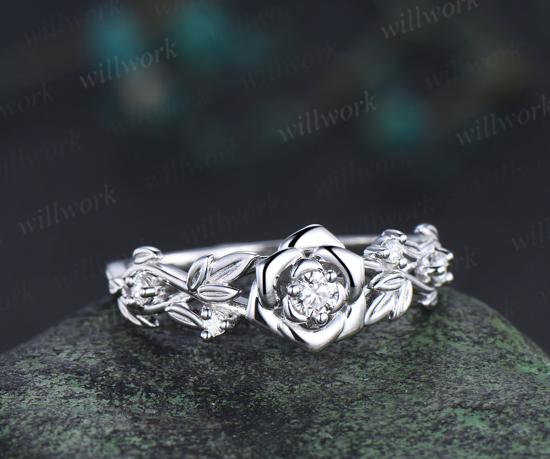 Dainty rose flower diamond ring twig vines nature inspired engagement ring minimalistsolid white gold five stone promise ring