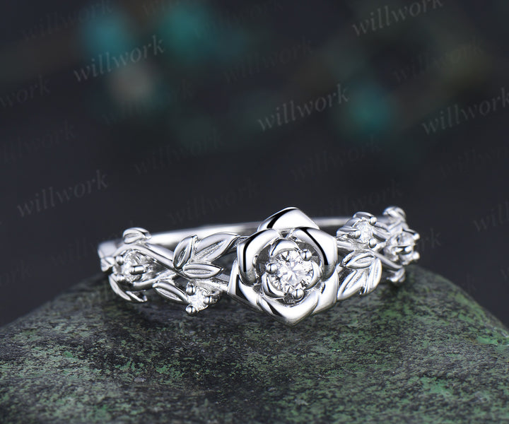Dainty rose flower diamond ring twig vines nature inspired engagement ring minimalistsolid white gold five stone promise ring