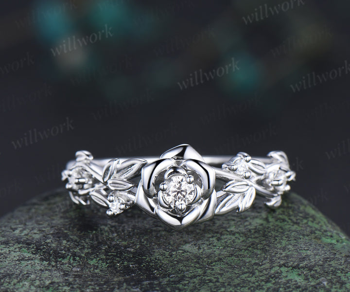 Dainty rose flower diamond ring twig vines nature inspired engagement ring minimalistsolid white gold five stone promise ring