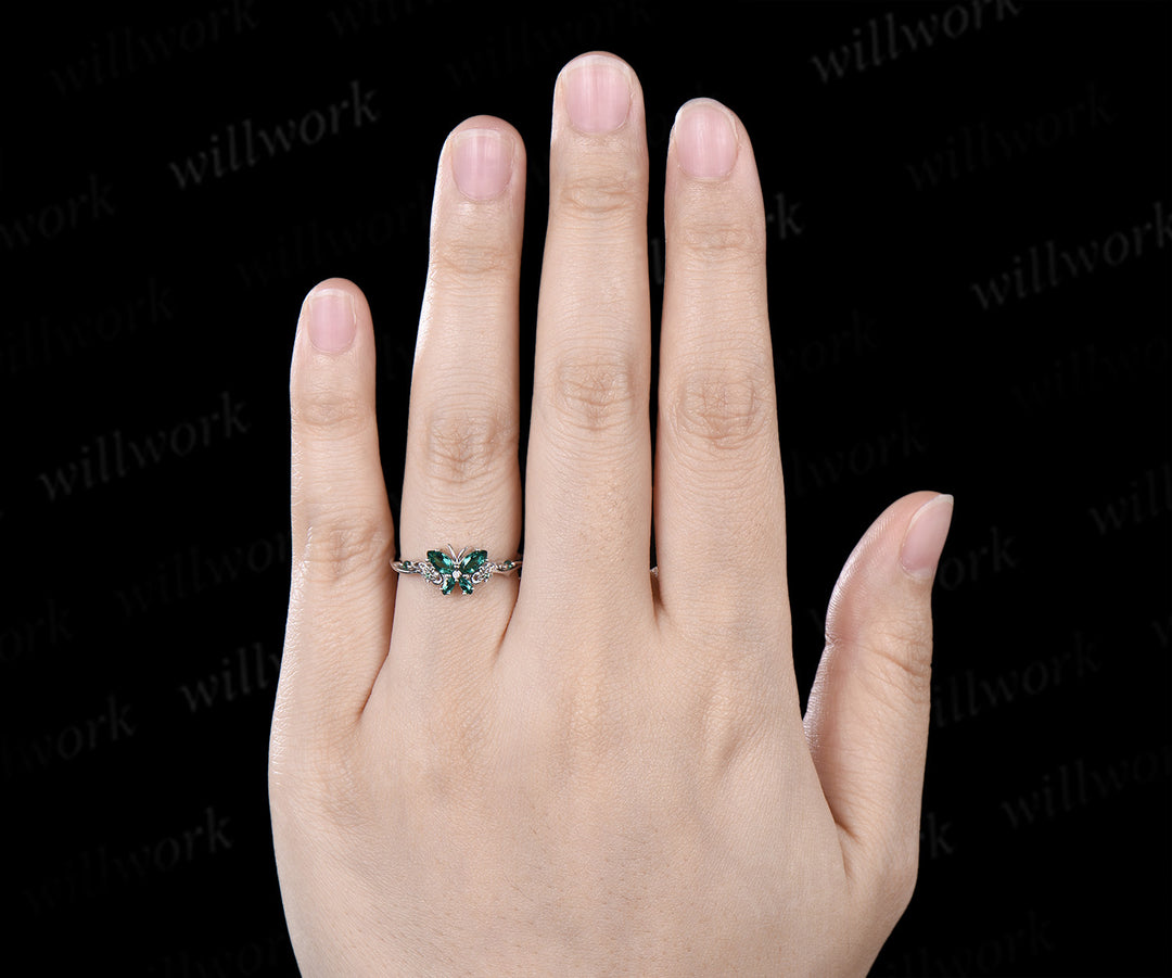 Vintage butterful marquise emerald engagement ring unique floral green emerald ring elegant bridal ring gifts for her