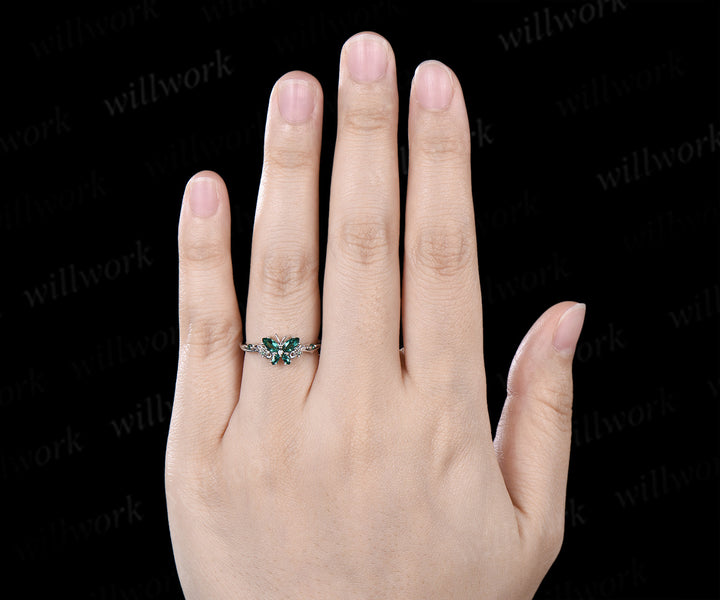 Vintage butterful marquise emerald engagement ring unique floral green emerald ring elegant bridal ring gifts for her