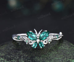 Vintage butterful marquise emerald engagement ring unique floral green emerald ring elegant bridal ring gifts for her