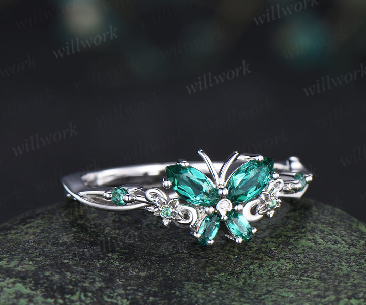 Vintage butterful marquise emerald engagement ring unique floral green emerald ring elegant bridal ring gifts for her