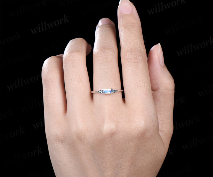 Unique baguette cut moonstone ring pear alexandrite wedding band soild 14k white gold June birthstone ring for women