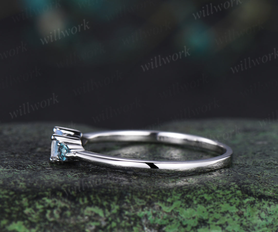 Unique baguette cut moonstone ring pear alexandrite wedding band soild 14k white gold June birthstone ring for women