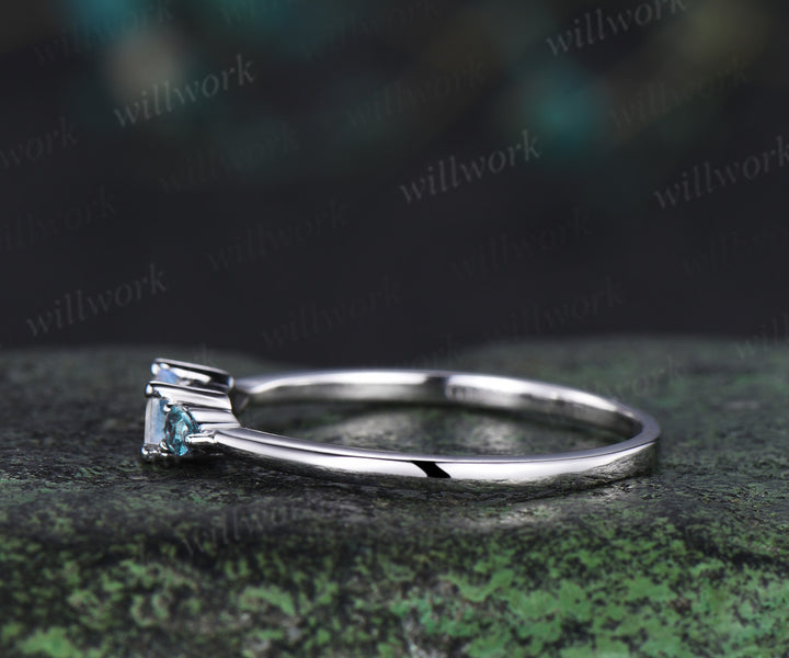Unique baguette cut moonstone ring pear alexandrite wedding band soild 14k white gold June birthstone ring for women