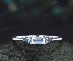 Unique baguette cut moonstone ring pear alexandrite wedding band soild 14k white gold June birthstone ring for women