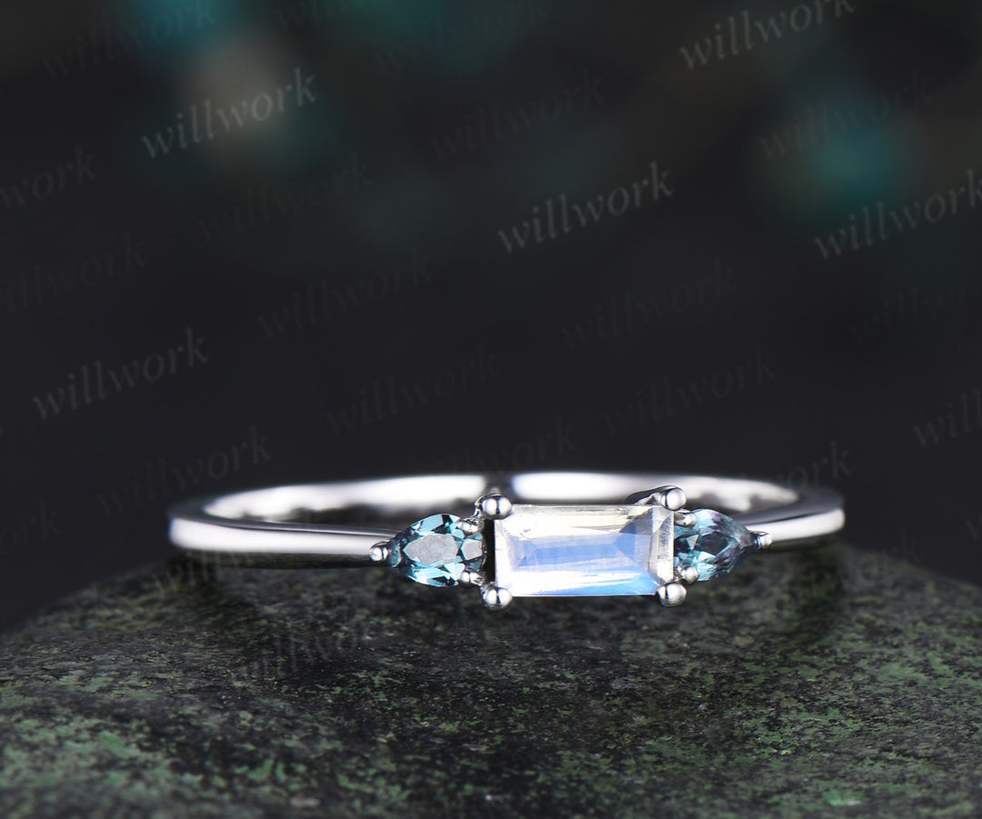 Unique baguette cut moonstone ring pear alexandrite wedding band soild 14k white gold June birthstone ring for women