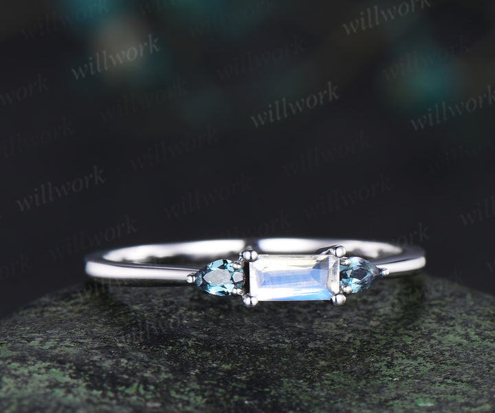 Unique baguette cut moonstone ring pear alexandrite wedding band soild 14k white gold June birthstone ring for women