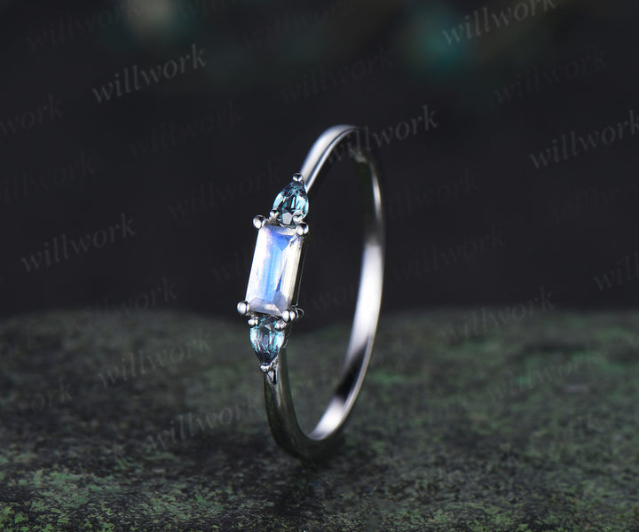 Unique baguette cut moonstone ring pear alexandrite wedding band soild 14k white gold June birthstone ring for women