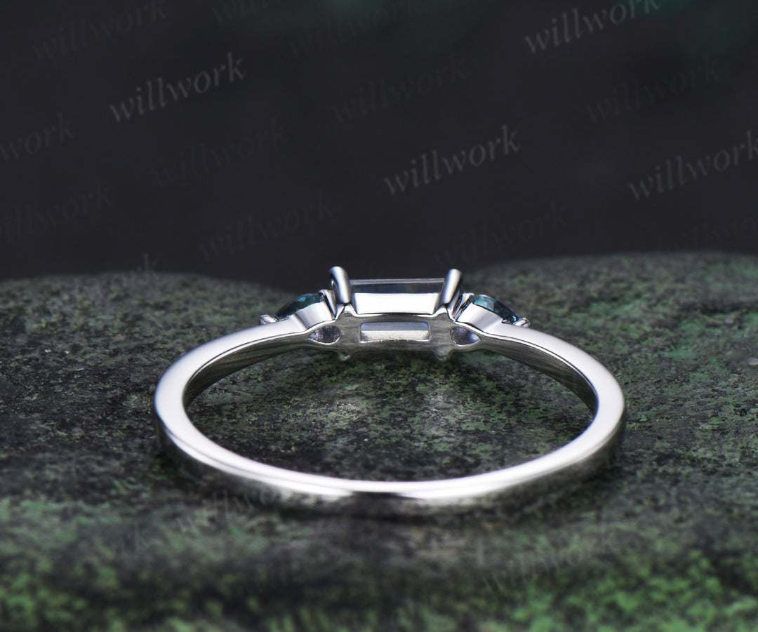 Unique baguette cut moonstone ring pear alexandrite wedding band soild 14k white gold June birthstone ring for women