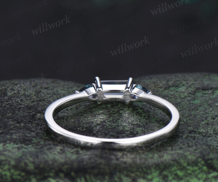 Unique baguette cut moonstone ring pear alexandrite wedding band soild 14k white gold June birthstone ring for women