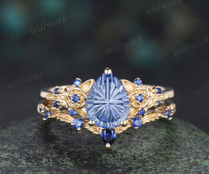 Pear Fantasy Cut Cornflower Sapphire Engagement Ring Set Sapphire Accent Floral Leaf Promise Ring Matching Band Nature Inspired Bridal Set