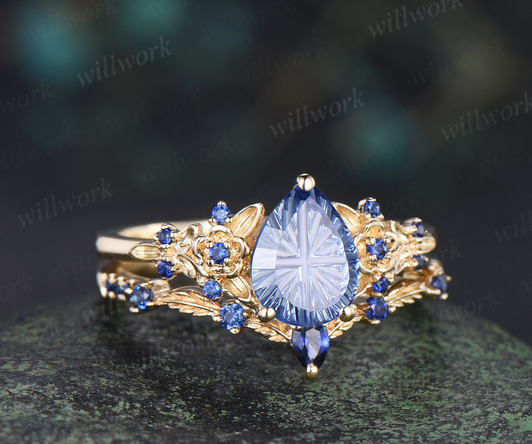 Pear Fantasy Cut Cornflower Sapphire Engagement Ring Set Sapphire Accent Floral Leaf Promise Ring Matching Band Nature Inspired Bridal Set