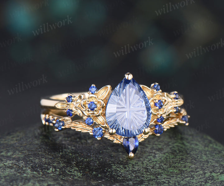 Pear Fantasy Cut Cornflower Sapphire Engagement Ring Set Sapphire Accent Floral Leaf Promise Ring Matching Band Nature Inspired Bridal Set