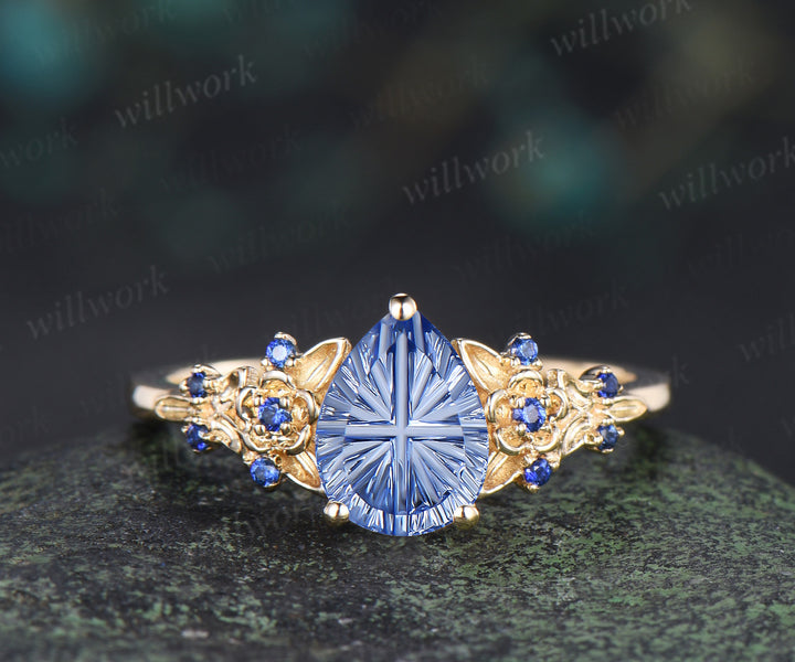 Pear Fantasy Cut Cornflower Sapphire Engagement Ring Set Sapphire Accent Floral Leaf Promise Ring Matching Band Nature Inspired Bridal Set