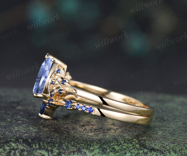 Pear Fantasy Cut Cornflower Sapphire Engagement Ring Set Sapphire Accent Floral Leaf Promise Ring Matching Band Nature Inspired Bridal Set
