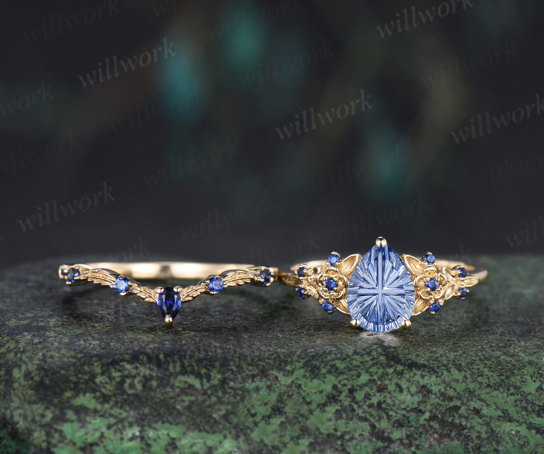 Pear Fantasy Cut Cornflower Sapphire Engagement Ring Set Sapphire Accent Floral Leaf Promise Ring Matching Band Nature Inspired Bridal Set