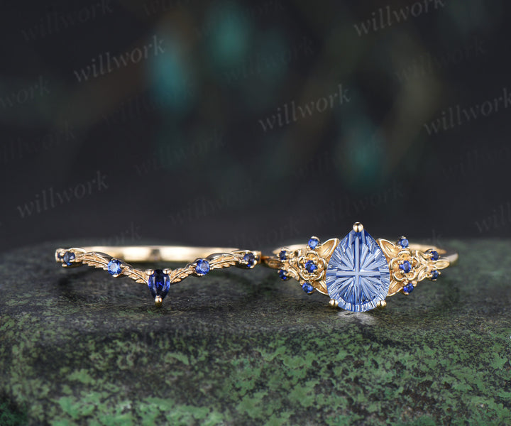 Pear Fantasy Cut Cornflower Sapphire Engagement Ring Set Sapphire Accent Floral Leaf Promise Ring Matching Band Nature Inspired Bridal Set
