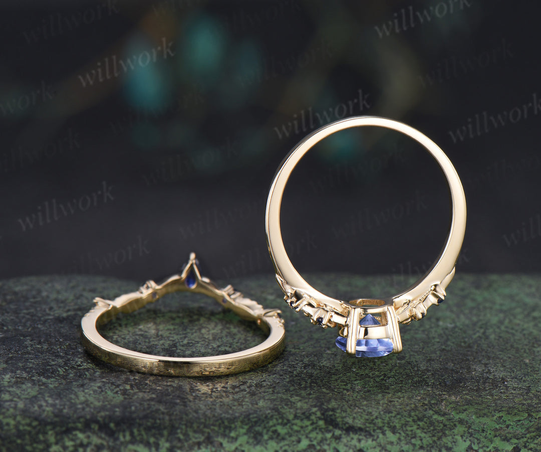 Pear Fantasy Cut Cornflower Sapphire Engagement Ring Set Sapphire Accent Floral Leaf Promise Ring Matching Band Nature Inspired Bridal Set