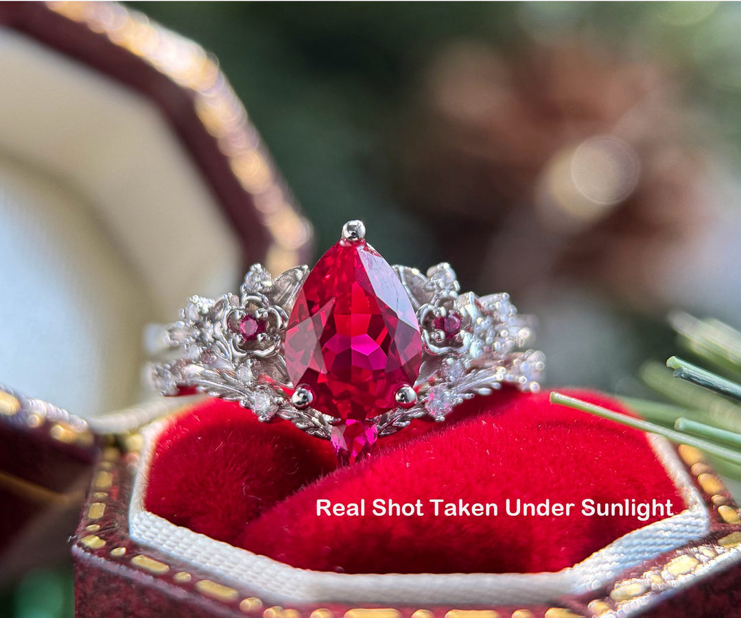 Vintage pear red ruby engagement ring solid 14k rose gold twig leaf floral antique unique cluster diamond bridal wedding ring set women gift