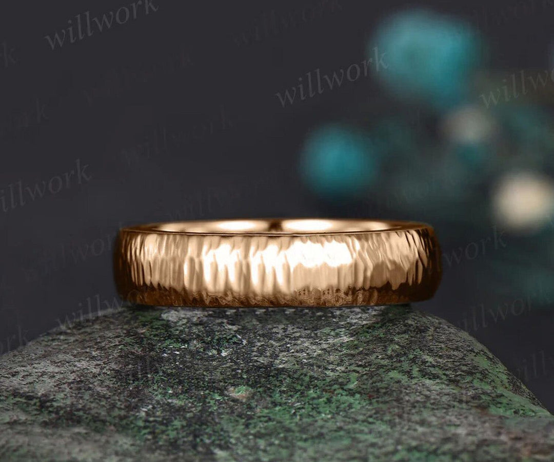 Unique Mens Plain Wedding Band 5mm Solid Gold Ring Mens Hammered Stacking Matching Band Retro Vintage Ring Gift