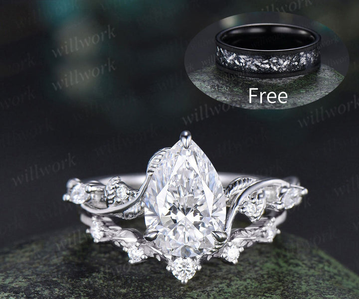 2 Carat Pear Lab Grown Diamond IGI Engagement Ring Nature Inspired Diamond Wedding Ring White Gold Diamond Bridal Ring for Her