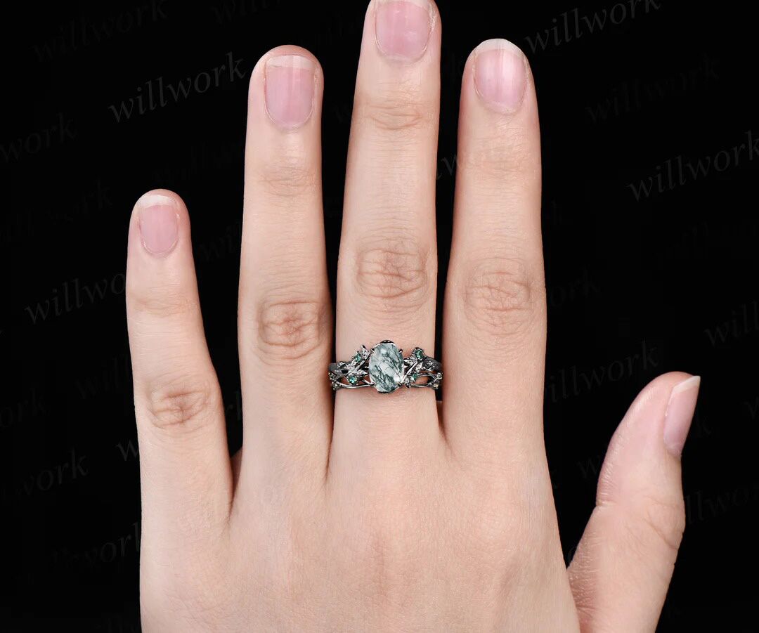 6x8mm oval cut natural moss agate nature inspired engagement ring set 14k rose gold twig leaf ring art deco emerald wedding band bridal set jewelry gifts Anniversary gift
